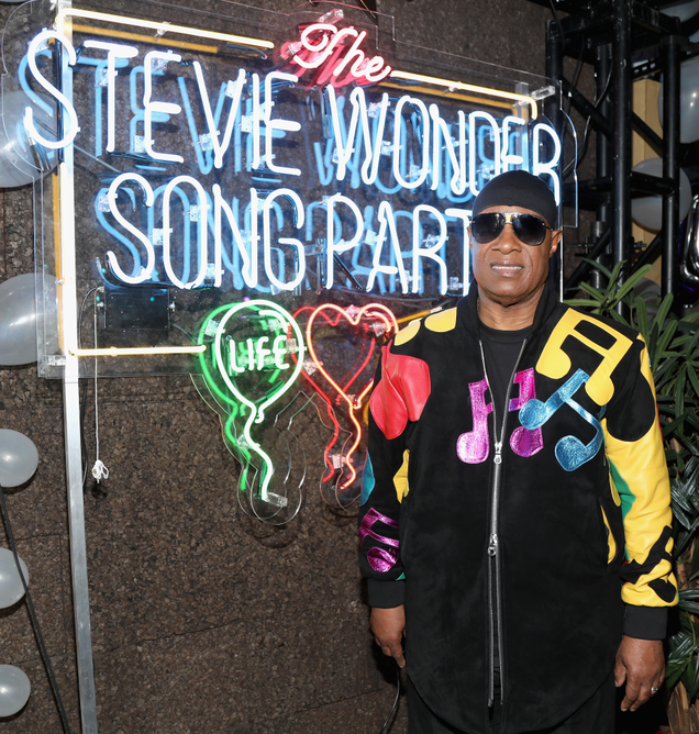 Stevie Wonder wears a custom Stinson Haus jacket to the Stevie Wonder Song Party at the Peppermint Club on May 9, 2018, in Los Angeles.